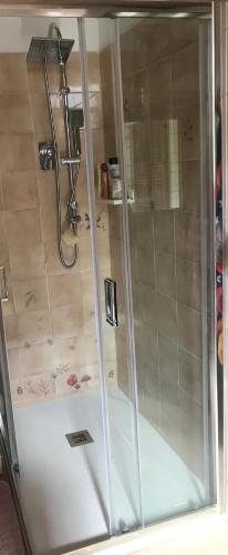 a shower with a glass door in a bathroom at Old school Bacedasco B&B in Vernasca