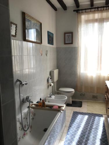 a bathroom with a bath tub and a toilet at Old school Bacedasco B&B in Vernasca