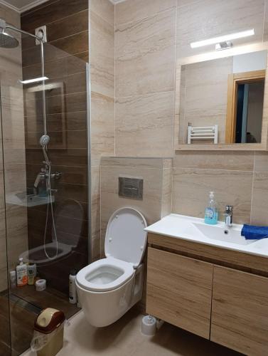 a bathroom with a toilet and a shower and a sink at Mery's Corner in SJJ