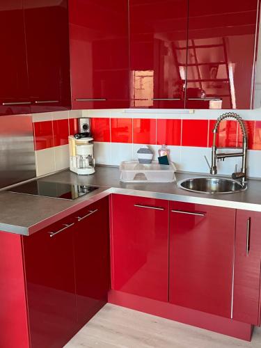 - une cuisine rouge avec un évier et des placards rouges dans l'établissement soleil mer et détente, à Sète