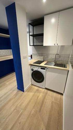 une cuisine avec un évier et une machine à laver dans l'établissement Lyon Tassin appartement proche Métro bus parking possible, à Vaise