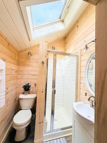 a bathroom with a toilet and a shower and a sink at Cheerful Cottage with Loft 9 in Edgecomb