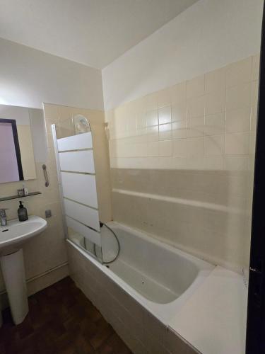 une salle de bain avec une baignoire et un lavabo dans l'établissement ''Appartement spacieux, ultra central-Gare et centre 1 mn a pied'', à Muret