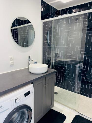 une salle de bain avec une machine à laver et un lavabo dans l'établissement Apartement 2 pièces, au Cannet