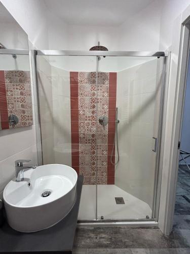 a bathroom with a shower and a white sink at Rosso Relativo in Acilia