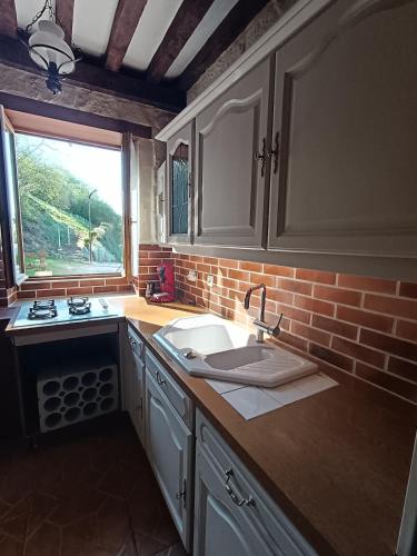 une cuisine avec un évier et une fenêtre dans l'établissement Maison au bord de l'eau, à Apremont