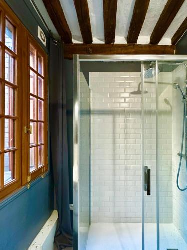 une douche avec une porte vitrée dans une salle de bain dans l'établissement Lylylodge - T3 Rouen city center, à Rouen