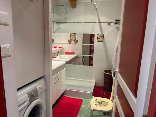 une salle de bain avec une machine à laver et un lavabo dans l'établissement COUP de COEUR - bord et vue lac Gérardmer, à Gérardmer