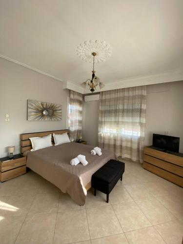a bedroom with a bed and a television and a chandelier at Imeros Summer Home in Ímeros