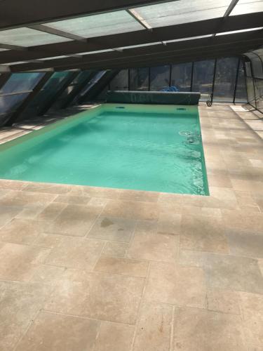 - une piscine d'eau verte dans un bâtiment dans l'établissement Domaine du Chêne du Vert, à Yzernay