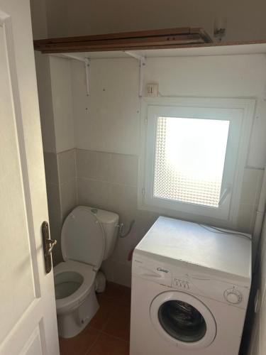 une petite salle de bains avec toilettes et lave-linge. dans l'établissement La forge, à Laroque-de-Fa