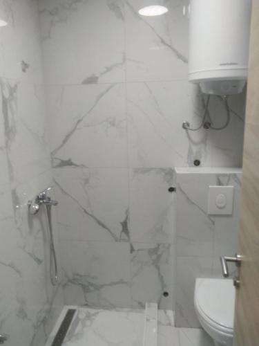 a white bathroom with a shower and a toilet at Villa JELENA - Guest House Nela in Žabljak
