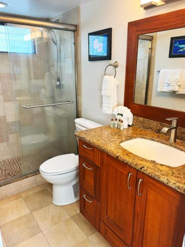 a bathroom with a shower and a toilet and a sink at Exceptional Kona Reef Condo - Full AC - Oceanfront - Walking Distance to Restaurants & Shops in Kailua-Kona