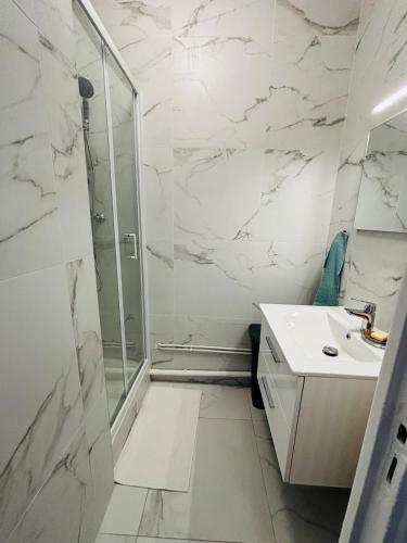 une salle de bain blanche avec une douche et un lavabo dans l'établissement Nid Asnières escapade cosy aux portes de Paris, à Asnières-sur-Seine