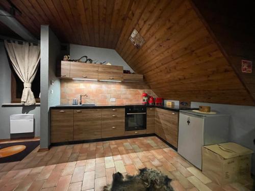 a kitchen with wooden cabinets and a dog laying on the floor at Apartament DOLOMITI in Jaworki