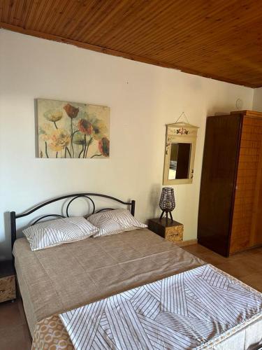 a bedroom with a bed and a painting on the wall at Villa canty in Nea Potidaea