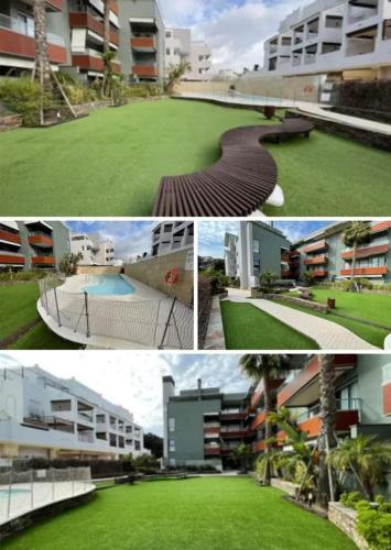 a collage of four pictures of buildings and a yard at La casa en la playa in Rota