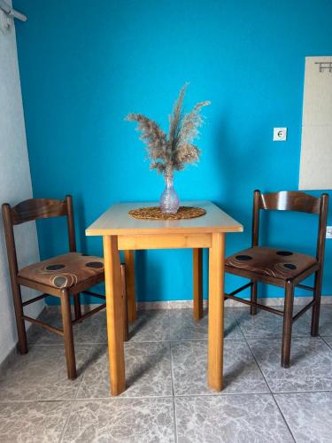 a wooden table with two chairs and a plant on it at ANORA Apartments in Becici