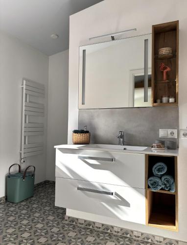 Un baño con un lavabo blanco y un espejo. en Apartment zur Schnapsstraße, en Ybbsitz