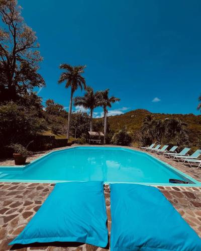 a large blue swimming pool with chairs and palm trees at Firefly Estate Bequia in Crescent Beach