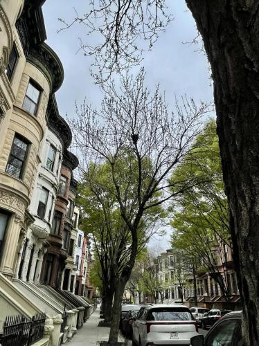 a city street with cars parked on the sidewalk at NYC Townhouse Apartment in New York