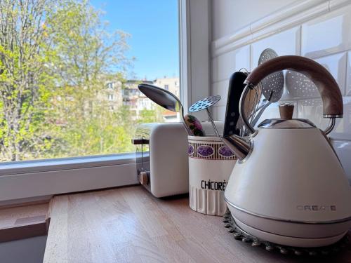 a white blender sitting on a counter next to a window at Apartament Eviva l'arte! in Boguszów-Gorce
