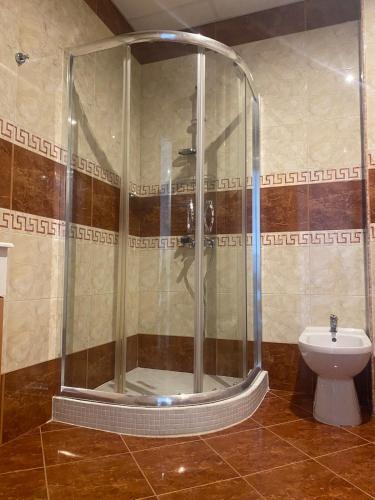 a shower in a bathroom with a toilet at Beachfront, 2 Bed with Sea Views in Elenite