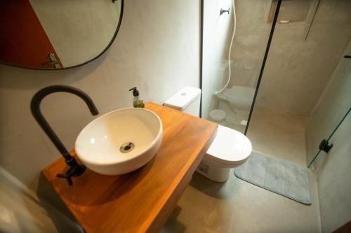 a bathroom with a sink and a toilet at Suíte jasmim rosa in Campos do Jordão