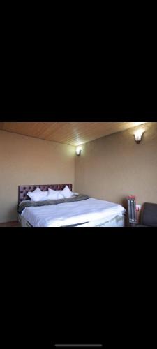 a bedroom with a bed with white sheets and lights at Rivva mud cottage in Kūfrī