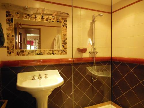 La salle de bains est pourvue d'un lavabo et d'un miroir. dans l'établissement Les Bains Bed & Breakfast, à Cheny