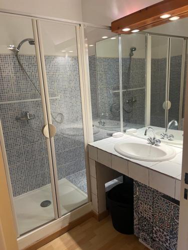 une salle de bain avec douche et lavabo dans l'établissement Studio cabine près de la plage, au Lavandou