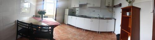 Una cocina con encimera, mesa y fregadero. en António Augusto Apartment, en Coímbra
