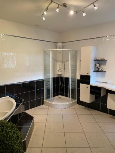 une salle de bain avec une douche en verre et un lavabo dans l'établissement Ghiso, à Ghisonaccia