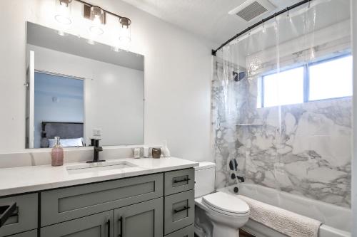 a bathroom with a sink and a toilet and a shower at Cozy Luxury Close to Downtown 204 in Juneau