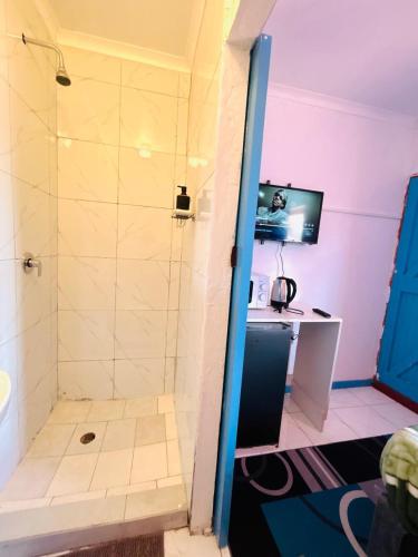 a bathroom with a shower with a desk in it at Executive Accommodation Bellville 2 in Cape Town