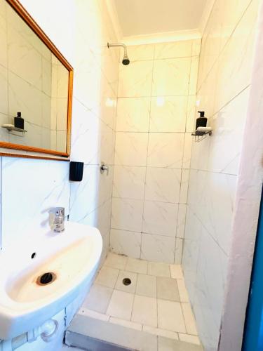 a white bathroom with a sink and a shower at Executive Accommodation Bellville 2 in Cape Town
