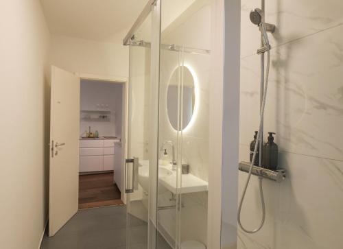 a bathroom with a shower with a sink and a mirror at Central Riverside Apartments Meščanka in Ljubljana