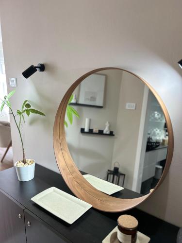 a circular mirror on a desk with a plant at Japandi Home in Niš