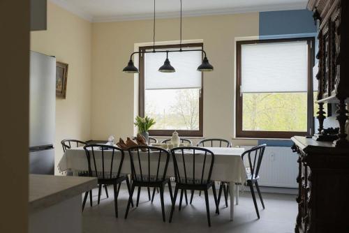 a dining room with a white table and chairs at Big Premium Apartment with Rhine View, totally new in Duisburg