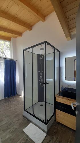 a bathroom with a glass shower in a room at Casa nouă in Vişeu de Sus
