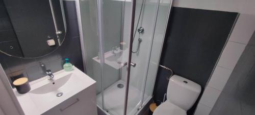 une salle de bain avec une douche, des toilettes et un lavabo dans l'établissement Centre-ville & plage à portée de main !, à La Grande Motte