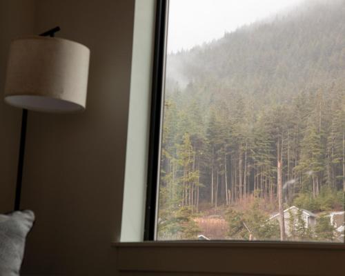 a bedroom window with a view of a forest at Cozy Spacious Retreat with Fireplace 205 in Juneau