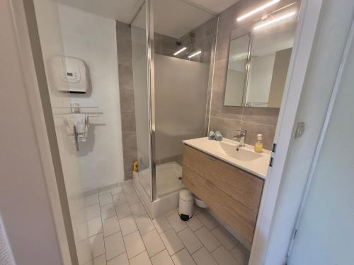 une salle de bain avec un lavabo et une douche dans l'établissement MAS DE LA PLAGE, à Portiragnes