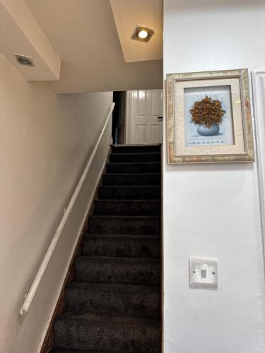 a stairway with a picture of a plant on the wall at OYO Unique Guestroom - Farnworth, Easy Access to Bolton in Farnworth
