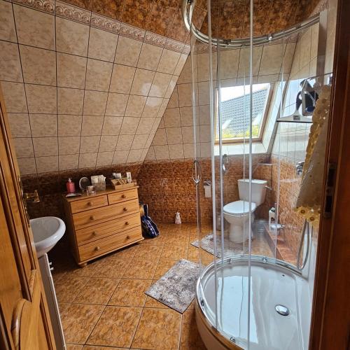 a bathroom with a shower and a sink and a tub at Domek Malina in Nadole