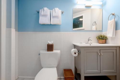 a bathroom with a white toilet and a sink at Anchor Inn in Nantucket