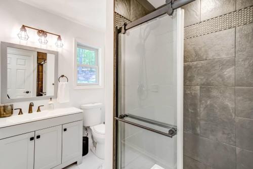 a bathroom with a shower and a toilet and a sink at Luxury Mountain Retreat - 4 King Suites & Hot Tub in Harpers Ferry