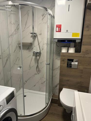 a glass shower in a bathroom with a toilet at Loft&Cozy in Zgorzelec