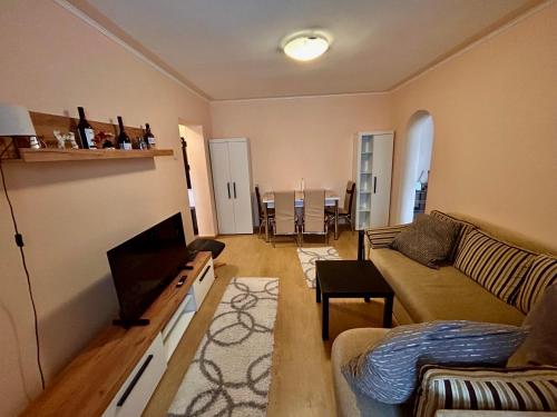 a living room with a couch and a television at Top Apartment in Gheorgheni