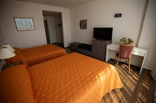a hotel room with two beds and a desk and a television at Hotel San Francisco in Toluca